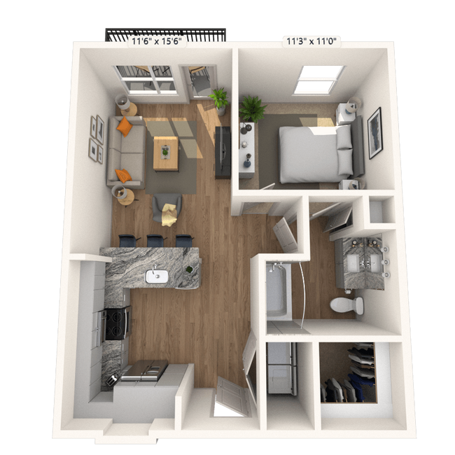 A2 1x1 674 SF 1355 floor plan